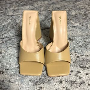 Tan High Block Heel Mules